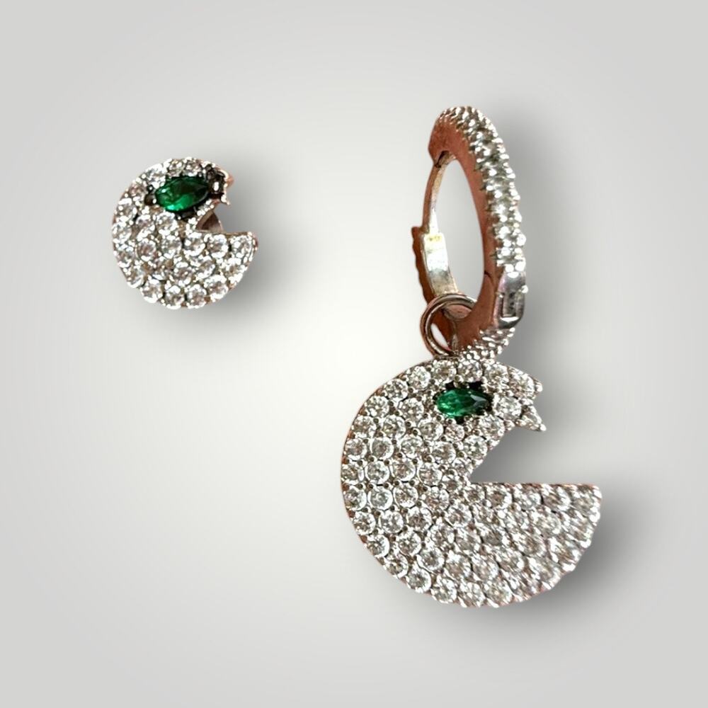 APM Monaco 925 Sterling Silver CZ Pac Man Dangle Hoop Earrings